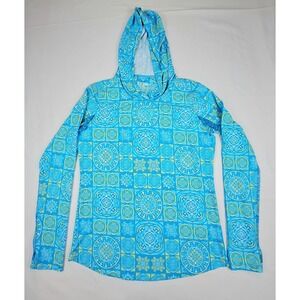 IBKUL Womens Blue Medallion Tile Print UPF 50+ Cooling Sun Shirt Hoodie Small